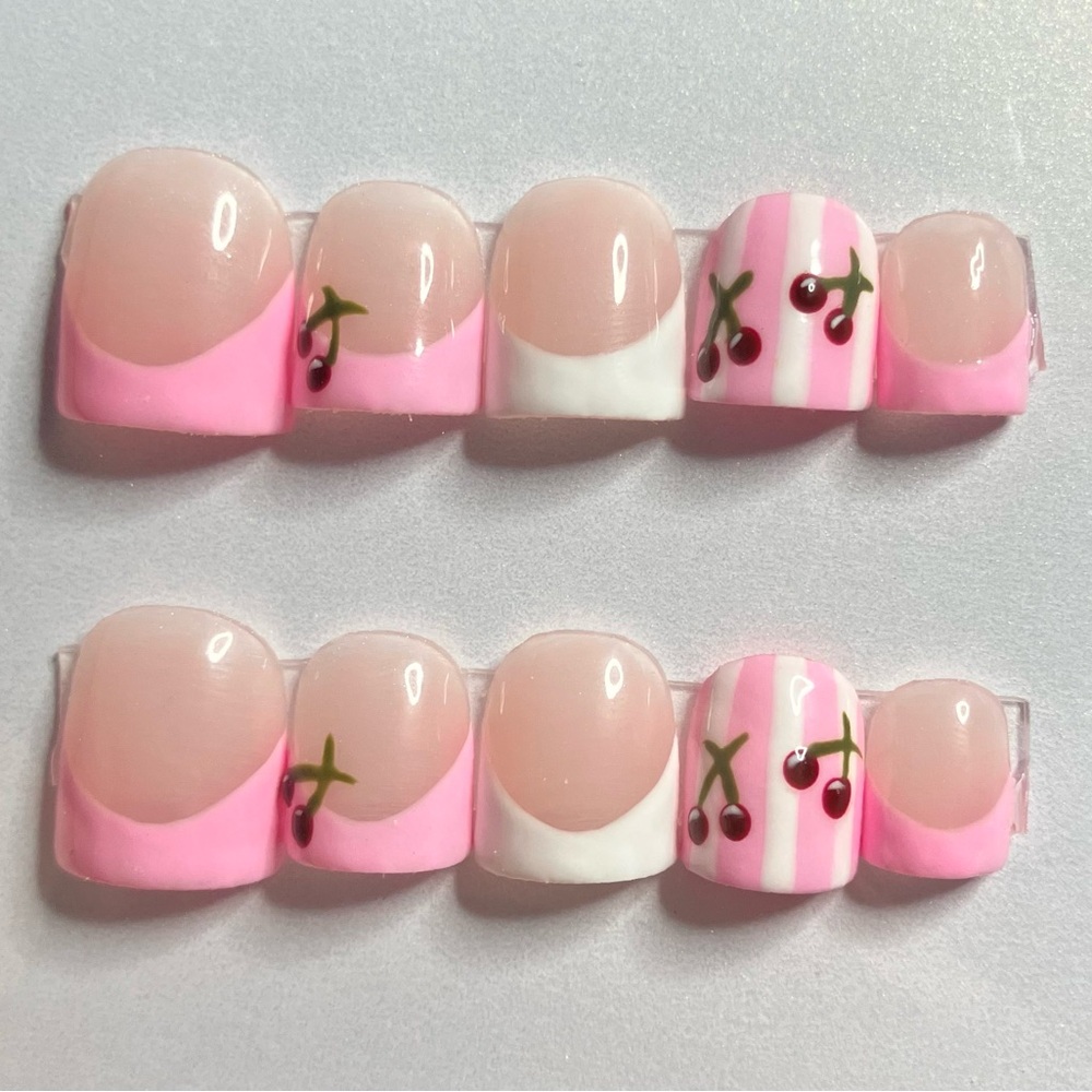 Pink Cherry Press-On Nail Set - Cute Stripe & French Tip
